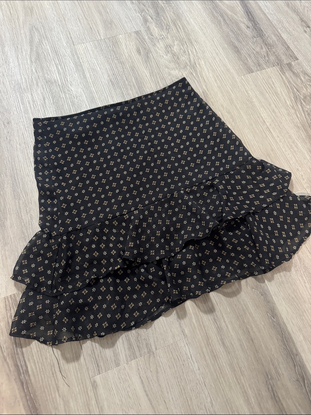 Black Tiered Ruffle Mini Skirt with Small Floral Print